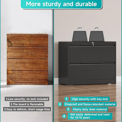 2 Drawer Lateral Metal File Cabinet, Home Office Storage Filing Cabinet with Hanging Bars & Keys, Compatible with Legal Letter A4 F4 Size Hanging Folders,Black,Require Assembly