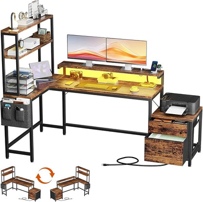 REAHOME 70 Inch L Shaped Desk with File Drawers and Reversible Storage Shelves, Computer Desk with Power Outlet & LED Strip, Home Office Desks, Writing Study Desk for Bedroom, Rustic Brown