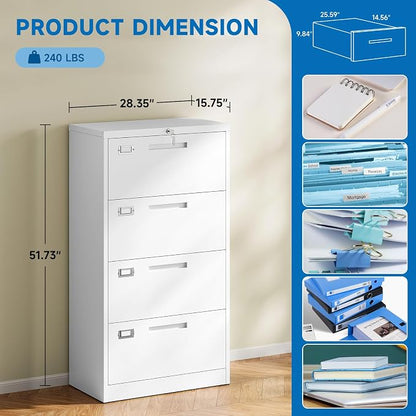 BYNSOE 4 Drawer File Cabinet with Lock Metal Lateral File Storage Cabinet Office Home Steel Lateral File Cabinet for A4 Legal/Letter Size Wide File Cabinet Locked,Assembly Required (4 Drawer, White)