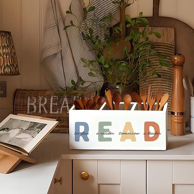 Book Lovers Gifts Pen Holder, Book Reader Gifts Pencil Holder for Desk, Boho Read Today a Reader Tomorrow a Leader Wooden Box Sign Decorations for Reading Room Classroom Desk Tabletop
