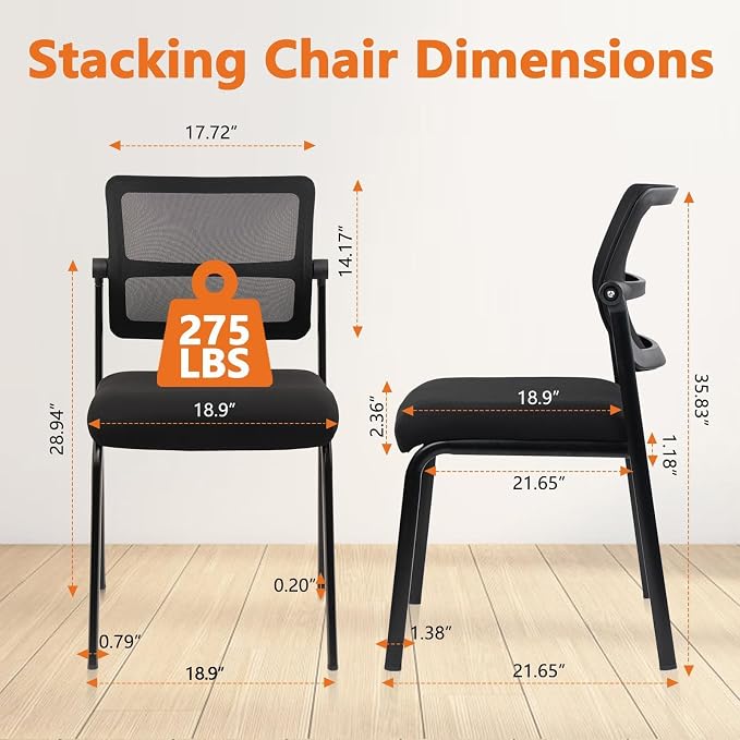 CLATINA Stackable Mesh Office Chair with Wheels Armless Guest Waiting Stacking Chair with Ergonomic Lumbar Support, for Conference, Lobby, School, Reception, Black 4Pack