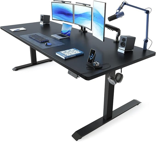 FEZIBO 71 x 37 Inch Standing Desk with Integrated Dual-Beam, Cable Management, 3 Memory Height Adjustable Computer Desk for Home Office Workstation, 1" Thick Large 3-Piece Desktop Black