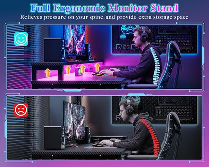 Furologee 47" Gaming Desk with LED Lights & USB-C Port, Reversible Computer Desk with Monitor Stand, Storage Shelves & 2 Fabric Drawers, Gaming Table with Power Outlets & Hooks, Carbon Fiber Black