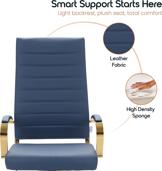 LeisureMod Modern High-Back Leather Office Chair - Swivel & Adjustable Executive Desk Chair with Gold Frame, Ergonomic Design for Home & Office (Navy Blue, Set of 4)