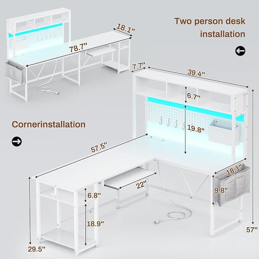 SEDETA White L Shaped Office Desk, 57.5” Corner Computer Desk with Power Outlet Pegboard and Keyboard Tray, Gaming Table with LED Lights, Hutch and Storage Shelves for Home Office