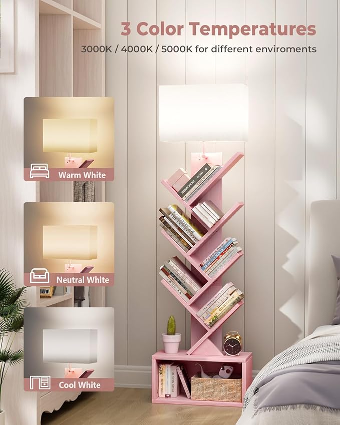 Evermagin 6 Tier Tree Bookshelf with Light, Narrow Bookcase Tower, Tall Floor Standing Book Shelf Organizer with Storage Cabinet for Living Room, Bedroom and Home Office, Pink