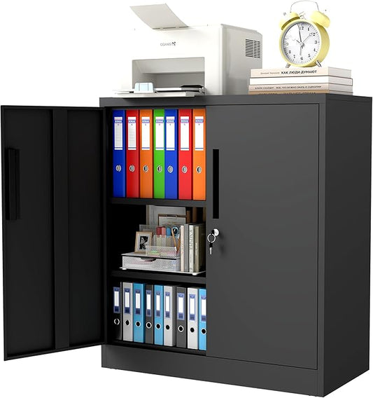 36"H Storage Cabinet with Doors and Shelves, Metal Cabinet with Lock, Steel Locking File Cabinet, Lockable Storage Cabinet, Garage Cabinet, Tool Cabinet for Home, Office,Garage, School, Black