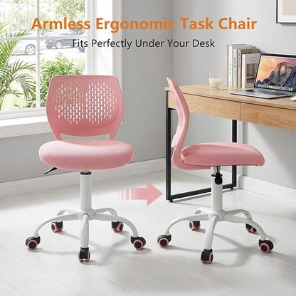 POWERSTONE Small Home Office Desk Chair, Swivel Rolling Study Computer Chair, Adjustable Height Task Chair with Armless Mid Back, Upholstered Mesh Seat, Pink