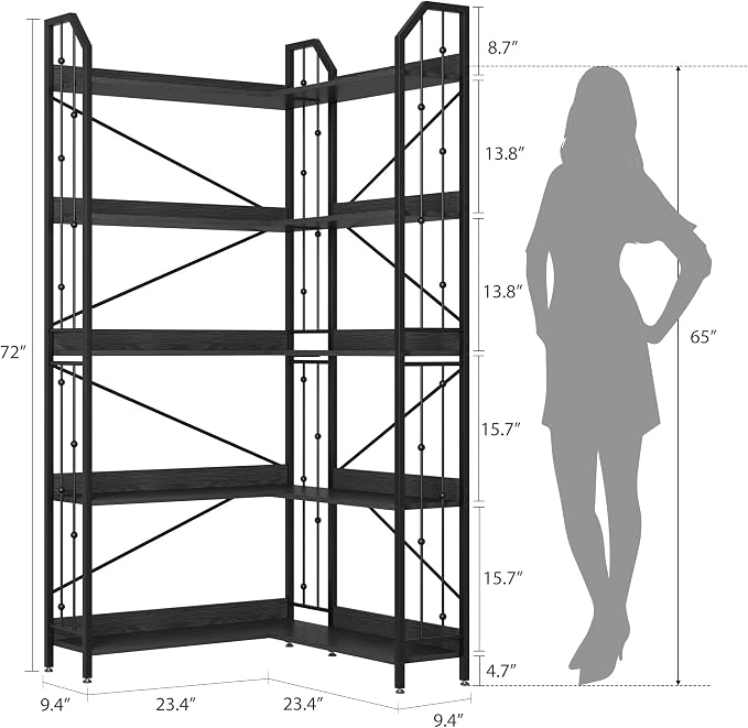 GarveeHome Corner Bookshelf 72" L Shaped Bookcase, Corner Bookshelves Industrial Bookcase 5 Tier L-Shape Bookshelf, Large Bookcases with Beaded Design Tall Display Rack Shelf for Living Room Bedroom