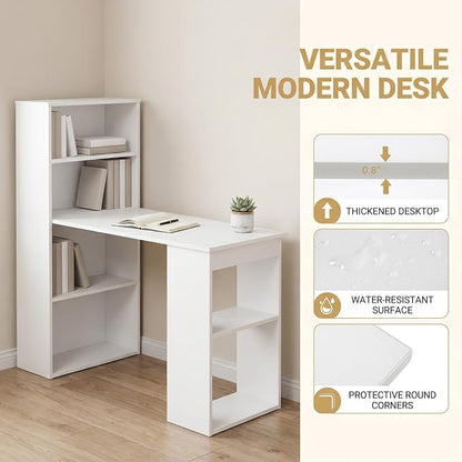 Tangkula White Computer Desk with Bookshelf, Writing Study Desk with Storage Shelves & CPU Stand, Modern Compact Computer Workstation for Home & Office, Space-Saving Design