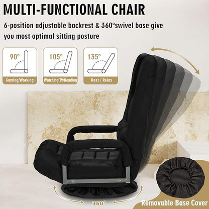 Swivel Floor Gaming Chair w/Armrests, Folding Video Reclining Sofa w/6 Adjustable Position, Padded Backrest & Cushion, Lazy Lounger Couch for E-Sports, Reading, Relaxing, Watching TV, Black