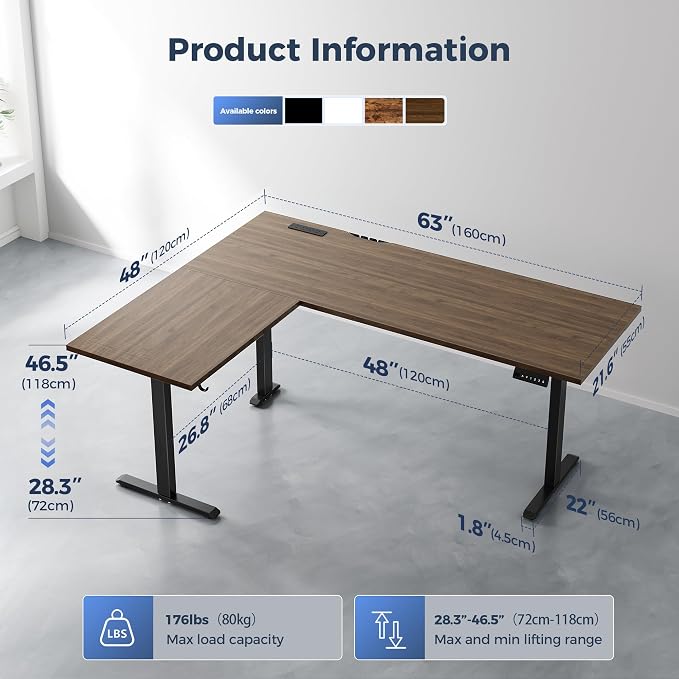 Klicelor L Shaped Standing Desk 63 x 48 Inch,Electric Height Adjustable Corner Desk with Cable Management & Power Outlets, Ergonomic Sit Stand Up Computer Table for Home Office,Dark Walnut