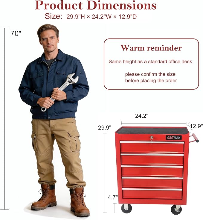 RYH 5 Drawers Rolling Tool Chest & Tool Box on Wheels | Heavy Duty Metal Cart with Ball Bearing Drawers | Fits US General Tool Box for Garage Storage (Red, 5 Drawers（29.9" H × 24.2" W × 12.9" D)