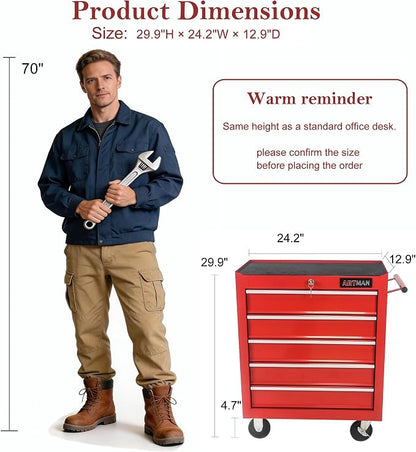 RYH 5 Drawers Rolling Tool Chest & Tool Box on Wheels | Heavy Duty Metal Cart with Ball Bearing Drawers | Fits US General Tool Box for Garage Storage (Red, 5 Drawers（29.9" H × 24.2" W × 12.9" D)