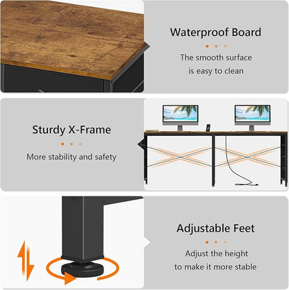 YOMILUVE 95'' Two Person Desk with 8 Drawers, Long Office Desk with Charging Station, 2 Person Desks Double Desk Writing Study Table for Home Office, Brown and White, Brown and Black