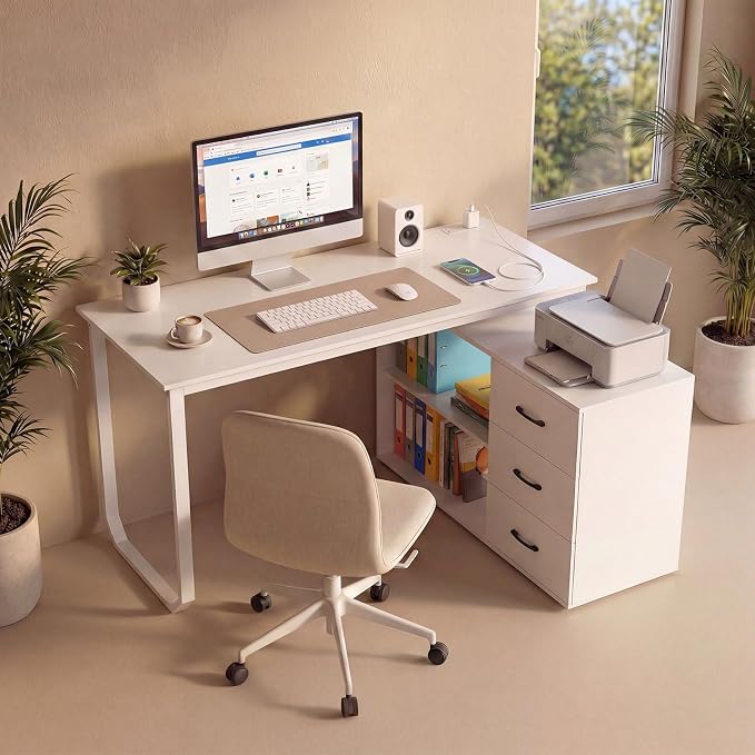 GOFLAME Reversible L Shaped Computer Desk with Charging Station, 55” Home Office Desk with 3 Drawers, 3-Level Adjustable Shelf, Convertible Study Writing Desk for Small Space, White