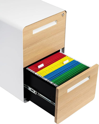 Laura Davidson Furniture Stockpile 2 Drawer Mobile File Cabinet with Lock - Under Desk Metal Filing Cabinet, Legal/Letter File Folders, Wheels and Stationary Feet, Pre-Assembled, White/Wood
