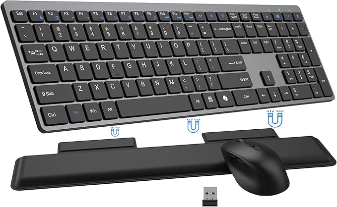Wireless Keyboard and Mouse Combo, Full Size Silent Ultra Thin Keyboard with Magnetic Wrist Rest, Optical Mouse, 2.4G Lag-Free Cordless Mice Keyboard Set for Computer, Mac, Laptop, PC, Windows