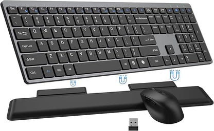 Wireless Keyboard and Mouse Combo, Full Size Silent Ultra Thin Keyboard with Magnetic Wrist Rest, Optical Mouse, 2.4G Lag-Free Cordless Mice Keyboard Set for Computer, Mac, Laptop, PC, Windows
