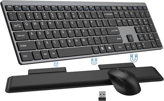 Wireless Keyboard and Mouse Combo, Full Size Silent Ultra Thin Keyboard with Magnetic Wrist Rest, Optical Mouse, 2.4G Lag-Free Cordless Mice Keyboard Set for Computer, Mac, Laptop, PC, Windows