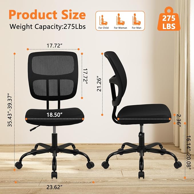 CLATINA Home Office Chair No Arms with Wheels, Adjustable Height Small Desk Chair, Ergonomic Mesh Rolling Work Swivel Chairs, 360 Swivel Computer Chair for Office, Reading Meeting Room 2PK(Black)