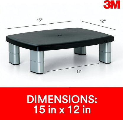 3M Adjustable Monitor Stand, Three Leg Segments, Simply Adjust Height from 1" to 5 7/8", Holds Up to 80 lbs, 11" Space Between Columns, Silver/Black (MS80B)