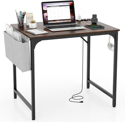 COSTWAY Home Office Desk, 32 Inch Computer Desk with Recessed Power Strip, Storage Bag & Headphone Hook, Wide Desktop, Modern Computer Workstation Writing Table for Home, Office (Rustic Brown + Black)