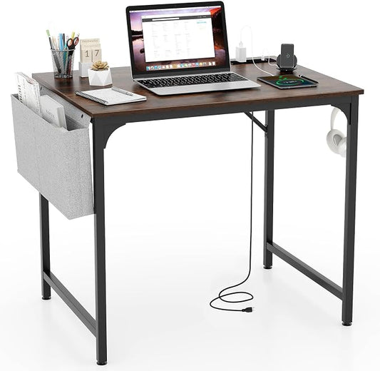 COSTWAY Home Office Desk, 32 Inch Computer Desk with Recessed Power Strip, Storage Bag & Headphone Hook, Wide Desktop, Modern Computer Workstation Writing Table for Home, Office (Rustic Brown + Black)