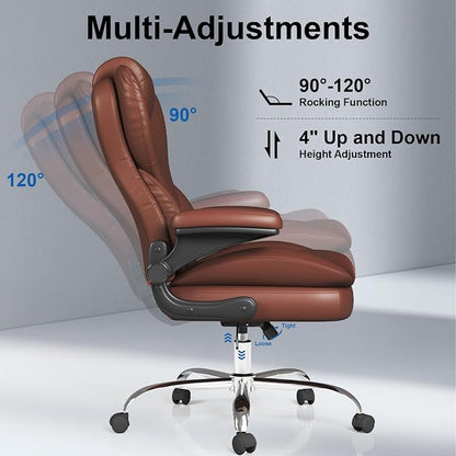 Office Chair, Home Desk Chair, Ergonomic Computer Chair with Lumbar Support, Executive Leather Chair with Flip-Up Armrests, Big and Tall Swivel Rolling Chair, Light Brown