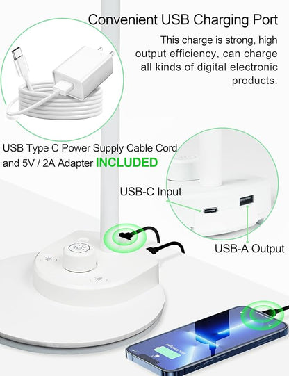 BOHON LED Desk Lamp with USB Charging Port, 3 Color Modes Dimmable, White | Reading Lamp, Auto Dimming Task Lamp, Flexible Neck Table Light for Dorm Bedside, Adapter Include