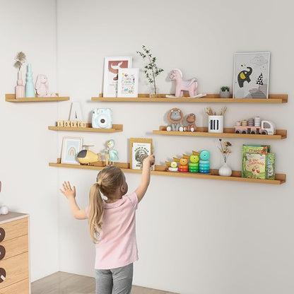 Picture Ledge Shelf, Floating Shelves Set of 2, 36 Inches Nursery Book Shelves for Toys Storage, Kids Bookshelf Wall Mounted for Living Room Bedroom Decor Books Photo Frames, Natural Oak