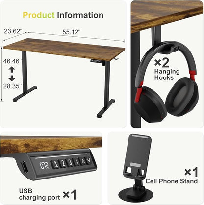 Furmax Electric Standing Desk, 55 x 24 Inches Sit Stand up Desk, Sit Stand Height Adjustable Home Office Desk with 4 Height Position Memory (Rustic Brown, 55)