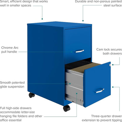 Space Solutions 2 Drawer Metal Mobile File Cabinet with Lock, Letter Size, Blue, Fully Assembled