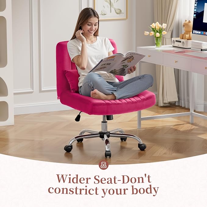 Warmiehomy Criss Cross Office Chair with Wheels, Velvet Cross Legged Desk Chairs for Home, Height Adjustable Swivel Wide Seat Computer Chair, Modern Vanity Chair for Women, Hot Pink