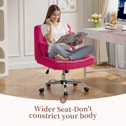 Warmiehomy Criss Cross Office Chair with Wheels, Velvet Cross Legged Desk Chairs for Home, Height Adjustable Swivel Wide Seat Computer Chair, Modern Vanity Chair for Women, Hot Pink