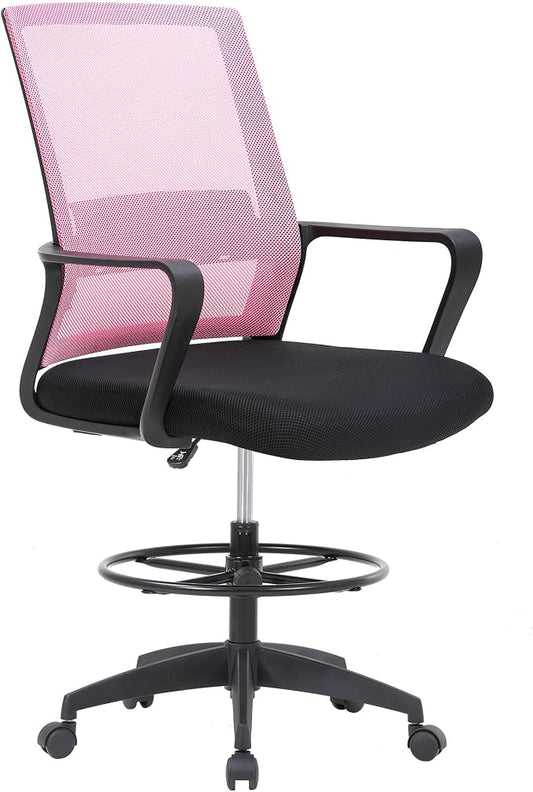 BestOffice Drafting Chair Tall Office Chair Adjustable Swivel Rolling Mesh Height with Lumbar Support Arms Footrest Mid Back for Adults Standing Desk Drafting Stool (Light Pink)