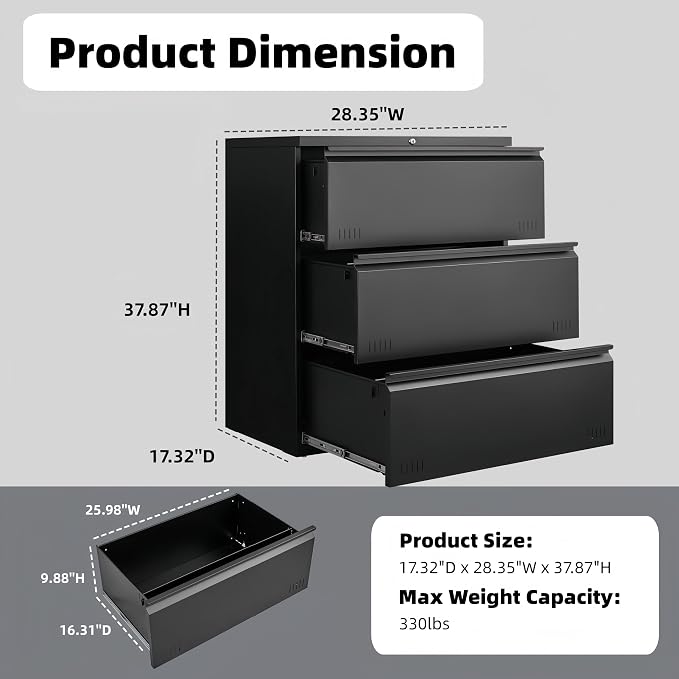 Approgreent Lateral 3 Drawer File Cabient with Lock, Metal Filing Cabinets for Home Office, Heavty Duty Office Storage Cabinet for A4/Letter/Legal (Matte Black)