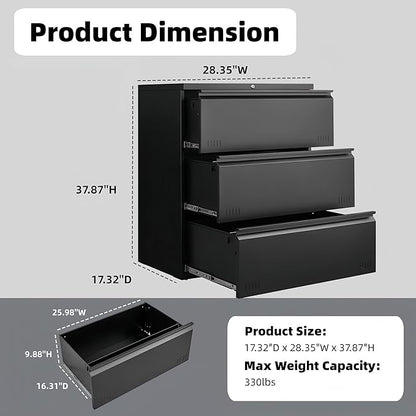Guizeeopo Metal File Cabinet with Lock, 3 Drawer Lateral File Cabinets for Home Office, Heavy Duty Office Storage Cabinet for A4/Letter/Legal Size, Assembly Required(Black)
