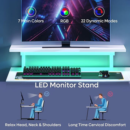 Pinmoco 42" Reversible Small L-Shaped Gaming Desk with LED Lights, White | corner desk fits small spaces, monitor stand, cup holder, headset hook, carbon fiber surface, for gaming and home office