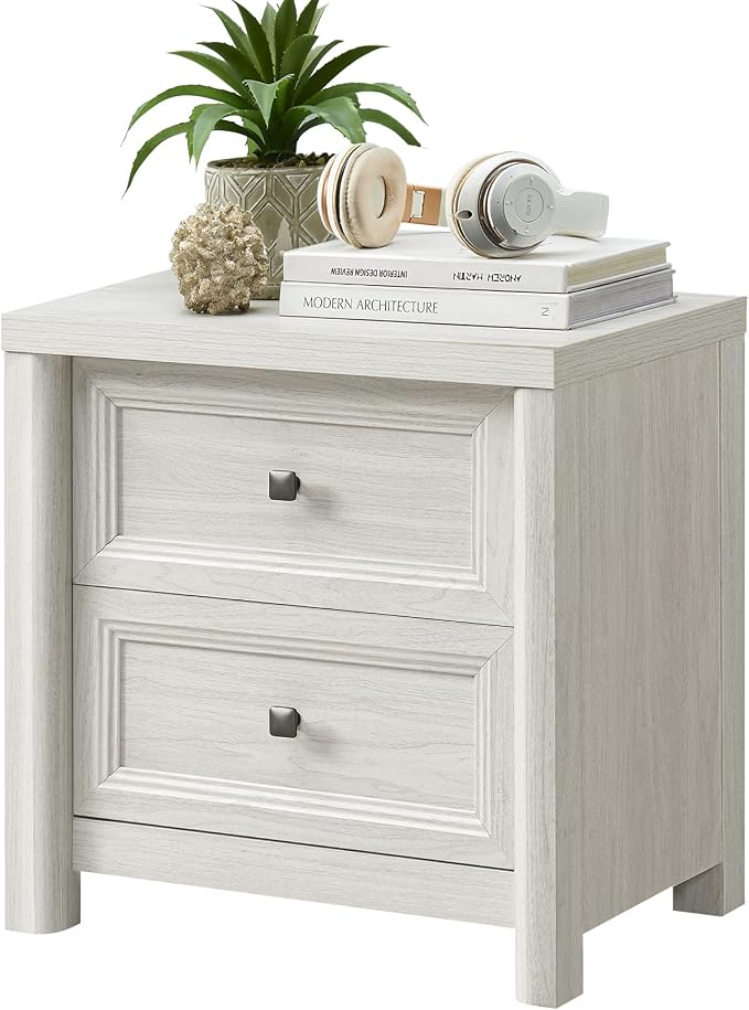 Standifurno White Night Stand with Drawers, Rustic Washed White Nightstand, Farmhouse Bed Side Table for Bedroom, Bedside End Table for Living Room, Bedroom Furniture, Large Storage Wood Nightstand