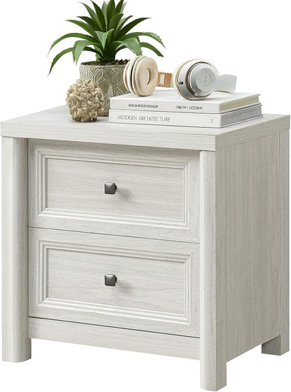 Standifurno White Night Stand with Drawers, Rustic Washed White Nightstand, Farmhouse Bed Side Table for Bedroom, Bedside End Table for Living Room, Bedroom Furniture, Large Storage Wood Nightstand