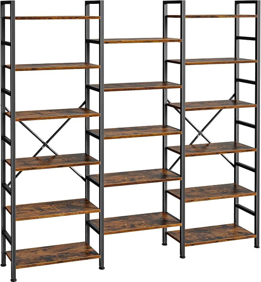 SUPERJARE Triple Bookshelf, Bookcase with 17 Open Display Shelves, Wide Book Shelf Book Case for Home & Office, 6 Tier, Brown, ABC003Z
