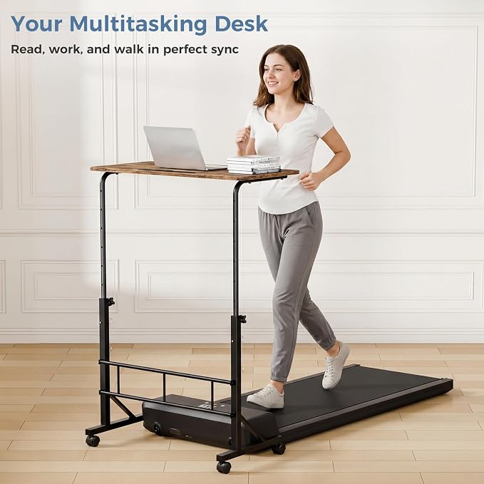 DUMOS 31.5" Walking Pad Desk, Portable Adjustable Height Rolling Laptop Desk with Lockable Wheels, Mobile Stand Up Computer Workstation for Treadmill Home Office Rustic Brown