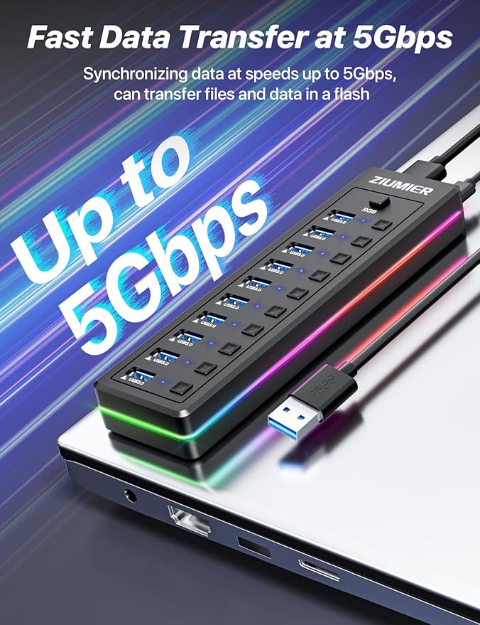 Powered USB Hub, 10-Port USB Splitter with RGB LED Strip | 5Gbps Data Transfer,Individual LED On/Off Switches and 12V/2A Power Adapter for Laptop, PC, Mouse, Keyboard, Hard Drive