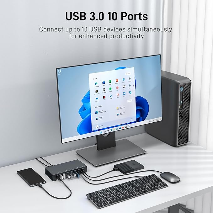 10 Port Powered USB 3.0 Hub, Industrial Rack Mountable USB Data Hub with 12V/3A Adapter 105W Output ESD Protection, Rugged Metal Case USB Expander Splitter