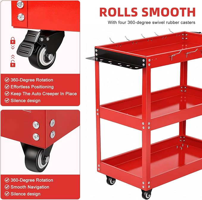 3-Tier Rolling Tool Cart, Heavy Duty Metal Utility Cart with Side Hooks and Handle, 330lbs Capacity Service Organizer for Garage Warehouse Workshop, 28x14x28 Inches, Red