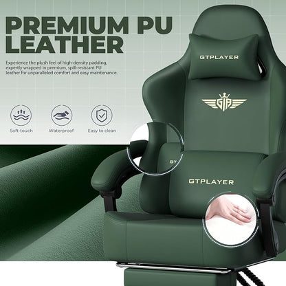 GTPLAYER Big and Tall Gaming Chair 400lbs Heavy Duty Office Chair with Footrest, High Back Pocket Spring Ergonomic Computer Chair for Adults, Wide Seated Cushion with Linkage Armrests, Leather Green