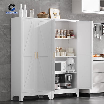 COFaR 61'' Tall Metal Storage Cabinet, Farmhouse Kitchen Pantry Cabinet with Doors and 3 Adjustable Shelves, White Metal Cabinets for Kitchen, Bathroom, Laundry, Garage, 4-Tier
