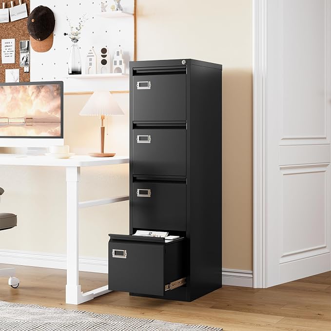 RAVIGIN 4 Drawer File Cabinet with Lock,Vertical Filing Cabinet for Home Office,Metal File Cabinets with Lock,Storage Files for A4/ Legal/Letter, Require Assembly, (Black)
