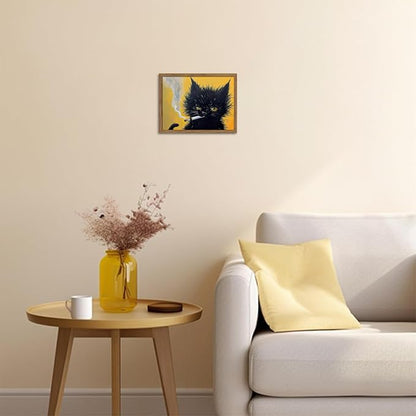Vintage Framed Black Cat Wall Art, Black Cat Painting Portrait Wall Decor, Mens Room Canvas Print Poster, Cool Animals Picture Art for Bathroom Decor 8x10 inch Wood Framed
